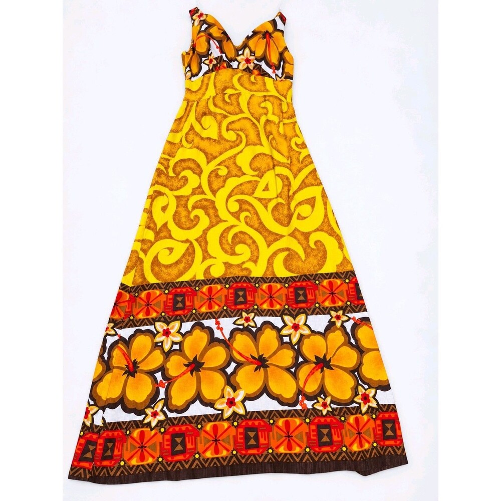 Vintage Malihini Hawaii Maxi Dress Yellow Hibiscus Floral Sleeveless Aloha